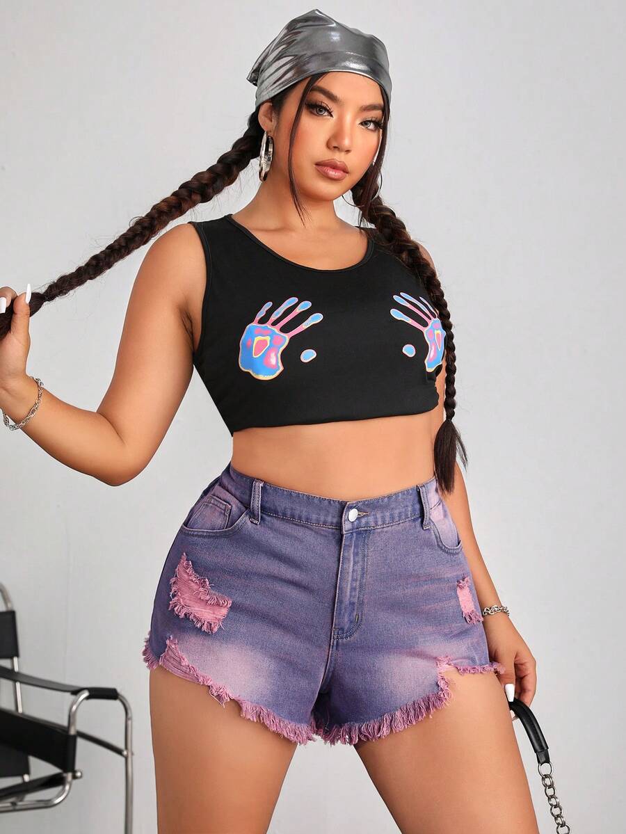 SHEIN ICON Plus Size Women Denim Shorts Sexy Street Style Purple Ripped Hot Pants - Mauve Purple - View 1