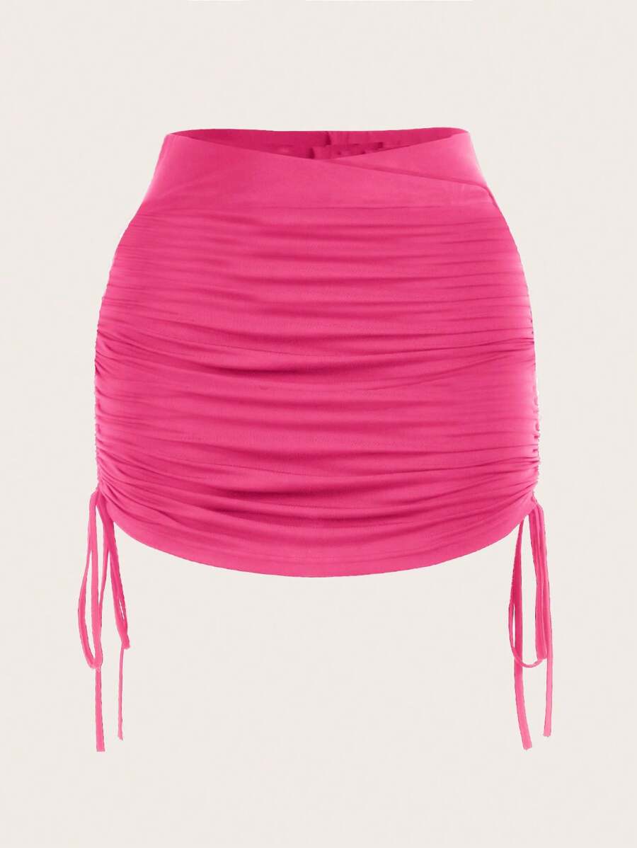 SHEIN EZwear Women's Plus Size Asymmetric Waist Side Drawstring Crop Mini Skirt - Hot Pink - View 1