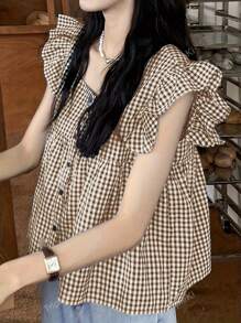 Casual Summer Gingham Check Ruffle Hem Shirt