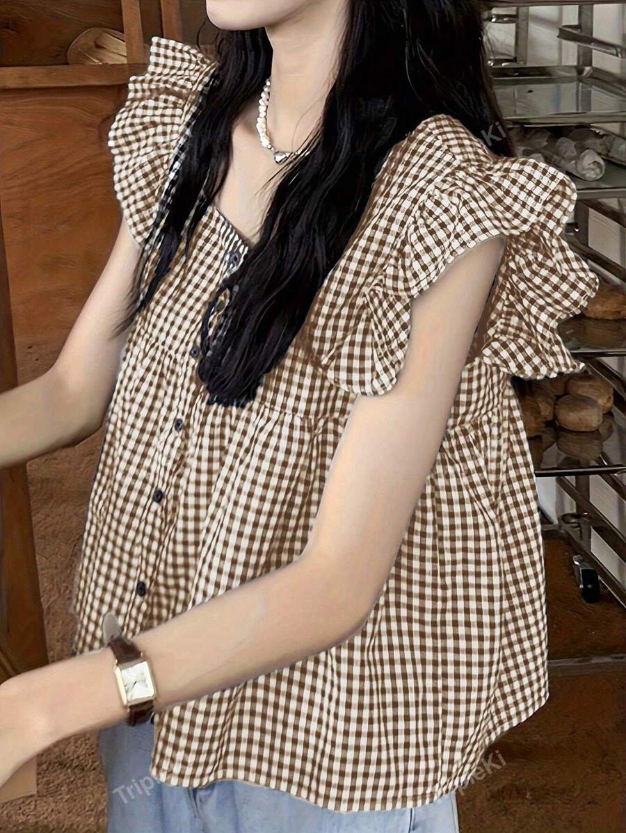 Casual Summer Gingham Check Ruffle Hem Shirt