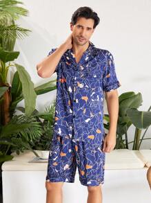 Conjunto de ropa de casa para hombre de manga corta y pantalones cortos con estampado aleatorio