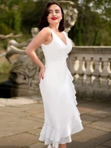 Vintamour 复古优雅度假女式无袖 V 领裹身裙，带荷叶边下摆和结饰细节 母亲节连衣裙 夏季女式连衣裙 夏季连衣裙 太阳裙 演唱会服装 夏威夷连衣裙 夏季服装 婚礼嘉宾 夏季德比连衣裙 毕业白色连衣裙 复古连衣裙 毕业返校节连衣裙 母亲节服装 毕业白色连衣裙 演唱会服装 毕业服装 婚礼服装 早午餐连衣裙 - 白色 - 查看 4