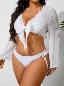 Plus Size Women's Summer Beach Plain Simple Kimono For Daily Wear - White - View 3