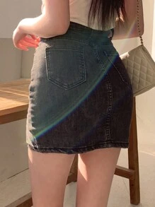 DAZY 女士纯色简约日常迷你裙牛仔裙 - 深灰色 - 查看 5