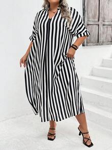 SHEIN CURVE+ Vestido largo de verano con rayas, cuello con muesca y manga murciélago, tejido de punto sin elasticidad - Blanco y Negro - Ver 5