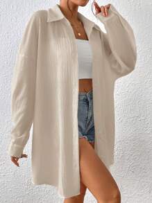 SHEIN EZwear 純色寬鬆機械風款扣前長袖夏季襯衫 - 米色 - 查看 1
