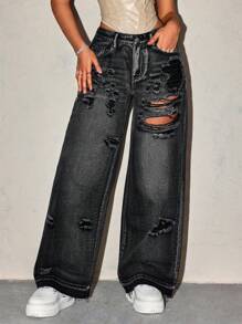 SHEIN ICON Quần denim ống rộng dáng rộng dành cho nữ có túi rách để mặc hàng ngày - màu đen - Xem 4