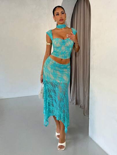 SHEIN BAE 女士纯色蕾丝优雅约会度假不对称下摆中长连衣裙套装