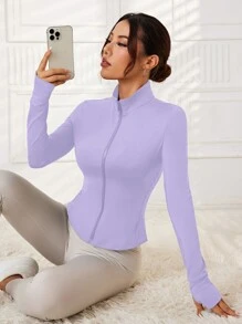 Sovereign Charm 女士纯色拉链休闲长袖简约舒适运动夹克健身夹克紫色夹克 - 紫色 - 查看 6