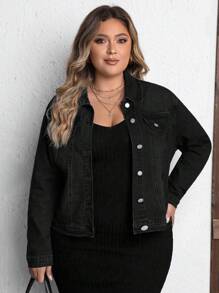 SHEIN LUNE Áo khoác denim co giãn dài tay màu trơn thời trang dành cho nữ cỡ lớn - màu đen - Xem 1