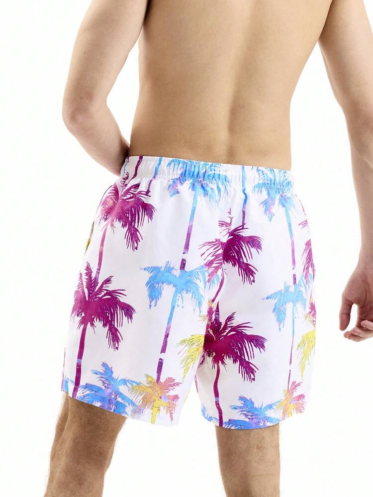 Men's Palm Tree Printed Drawstring Elastic Waist Loose Beach Shorts For Vacation