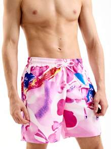 Manfinity Men's Allover Print Drawstring Shorts With Pockets For Summer Beach