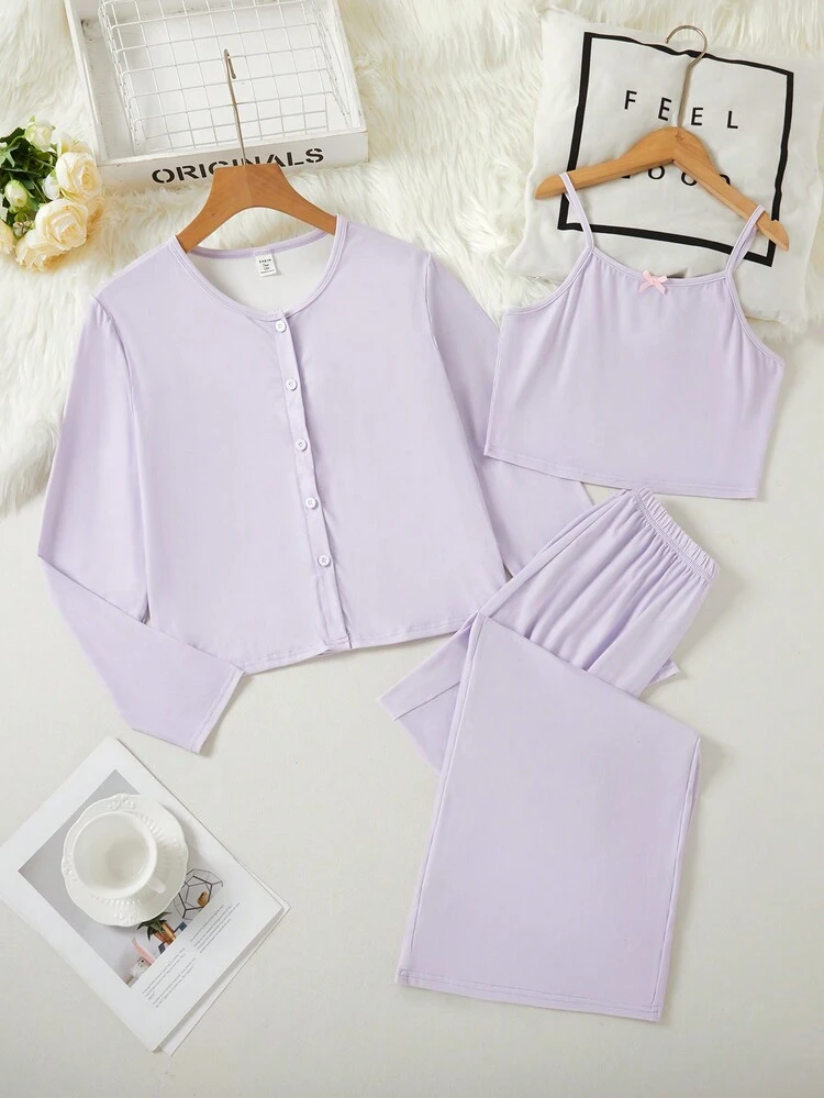 Teen Girl Lavender Simple Strappy Tank Top With Long Pants And Long Sleeve Loose Casual 3-Piece Set Home Clothes