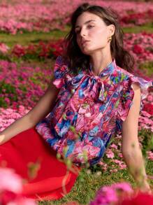 MOTF PREMIUM ALLOVER PRINT TIE NECK RUFFLE ARMHOLE BLOUSE