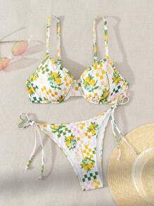 SHEIN Swim Women's Holiday Fruit Printed Bikini Set With Lace-Up Thong And Halter Neck Top,Summer Beach - Multicolor - View 3