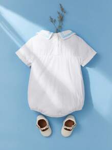 SHEIN Summer Pure Cotton Embroidered Ha-Yi Bodysuit For Baby Girls, British Style, Breathable, Simple Bamboo Joint Design, Cute Blue Embroidery And Woven Belt