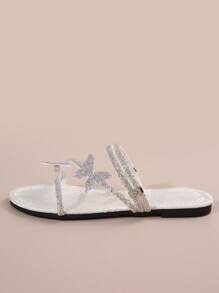 多带彩色水晶蝴蝶结女士拖鞋，两穿法式时尚银色一脚蹬凉鞋，适合约会、购物、聚会、会议、商务