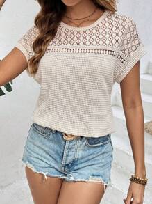 SHEIN Frenchy T-shirt d'été pour femmes à épaules dénudées et à manches courtes en dentelle à patchwork avec col rond - Nude - Voir 5