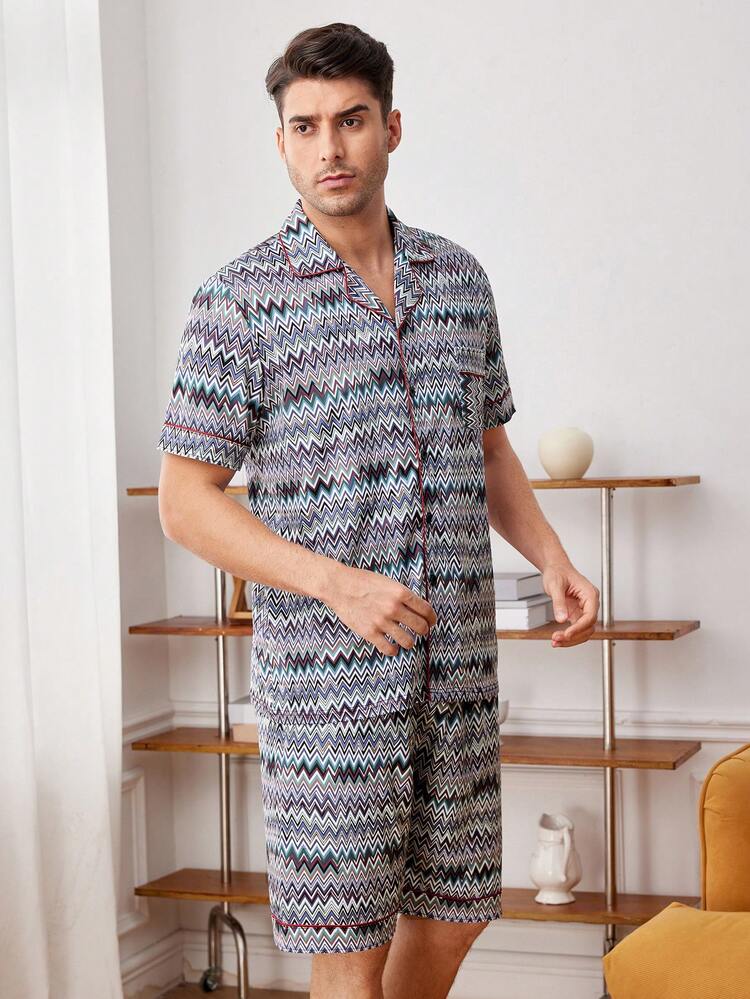 Men's Wave Striped Single-Breasted Short Sleeve Top And Plaid Shorts Casual Homewear Set