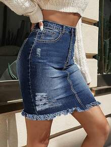 Summer Distressed Raw Hem Elastic Bodycon Denim Skirt - Blue - View 6