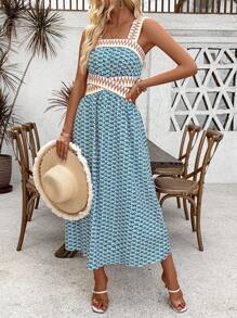 Breezaya 假日休闲印花拼布编织腰带无袖镂空连衣裙长款度假海滩装女装 - 黃色 - 查看 6