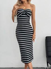 SHEIN Tall 黑白條紋無肩帶修身連衣裙 - 黑與白 - 查看 3