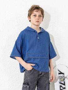 Tween Boy Solid Color Hooded Casual Denim Jacket With Pockets - Medium Wash - View 1