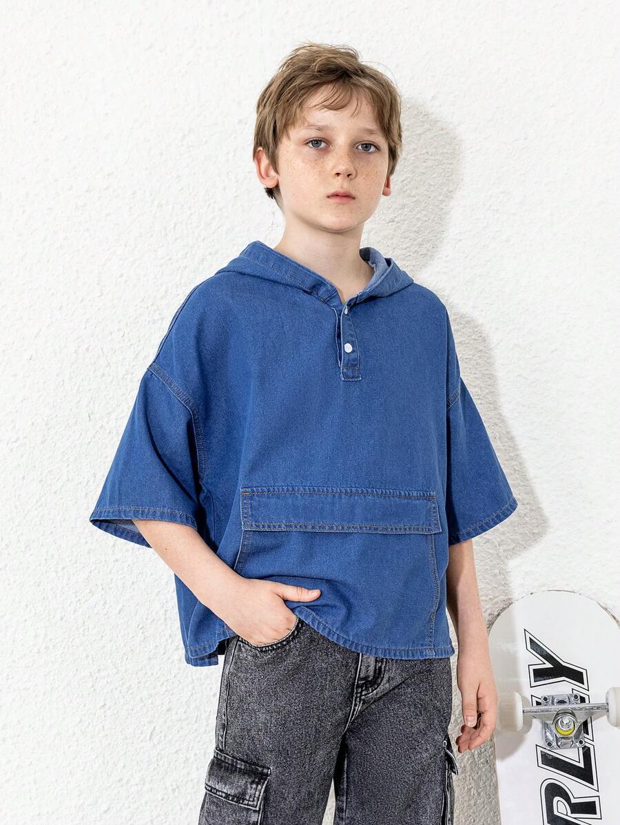 Tween Boy Solid Color Hooded Casual Denim Jacket With Pockets - Medium Wash - View 1