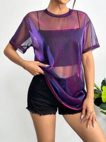 SHEIN EZwear Round Neck Sexy Mesh Sheer Ladies Bodycon Dress,Summer Dresses For Women - Purple - View 5