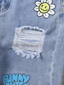 SHEIN Tween Girl Distressed Washed Graffiti Printed Denim Shorts, School, Campus, College - Light Wash - View 7