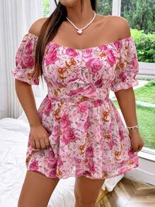 Sunnyshic Plus Size Boho Off-Shoulder Short Sleeve Chiffon Romper For Women, For Summer