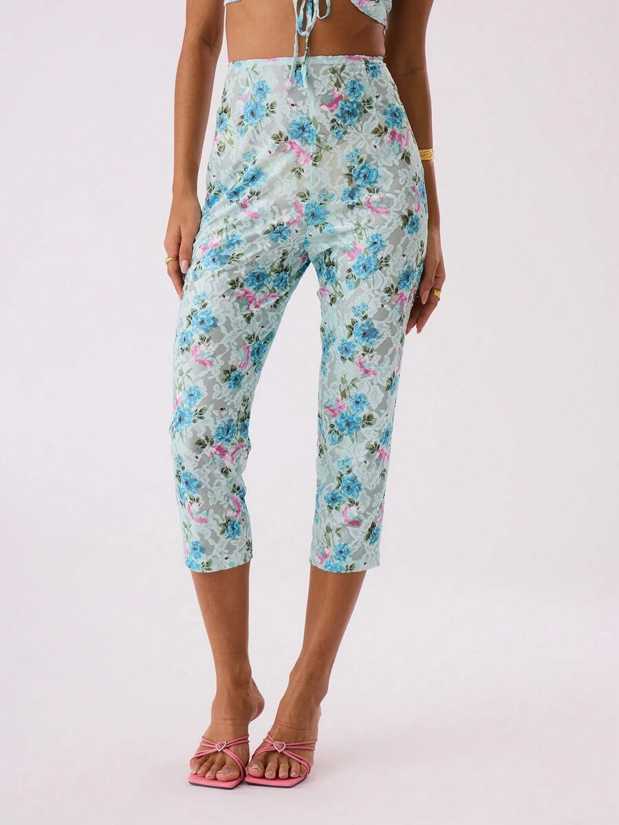 MUSERA 蕾丝七分裤，适合夏季度假，Y2K 90年代风格，伊比沙岛、假日、夜店、节日时尚优雅之选 - 藍色 - 查看 1