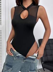 Flirla Women's Fashionable New Chinese Style Mesh Contrast Bodysuit