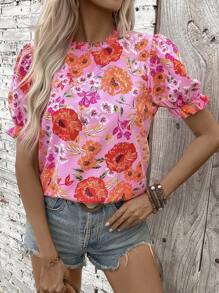 EMERY ROSE Floral Print Puff Sleeve Shirt With Frill Collar - Multicolor - View 5