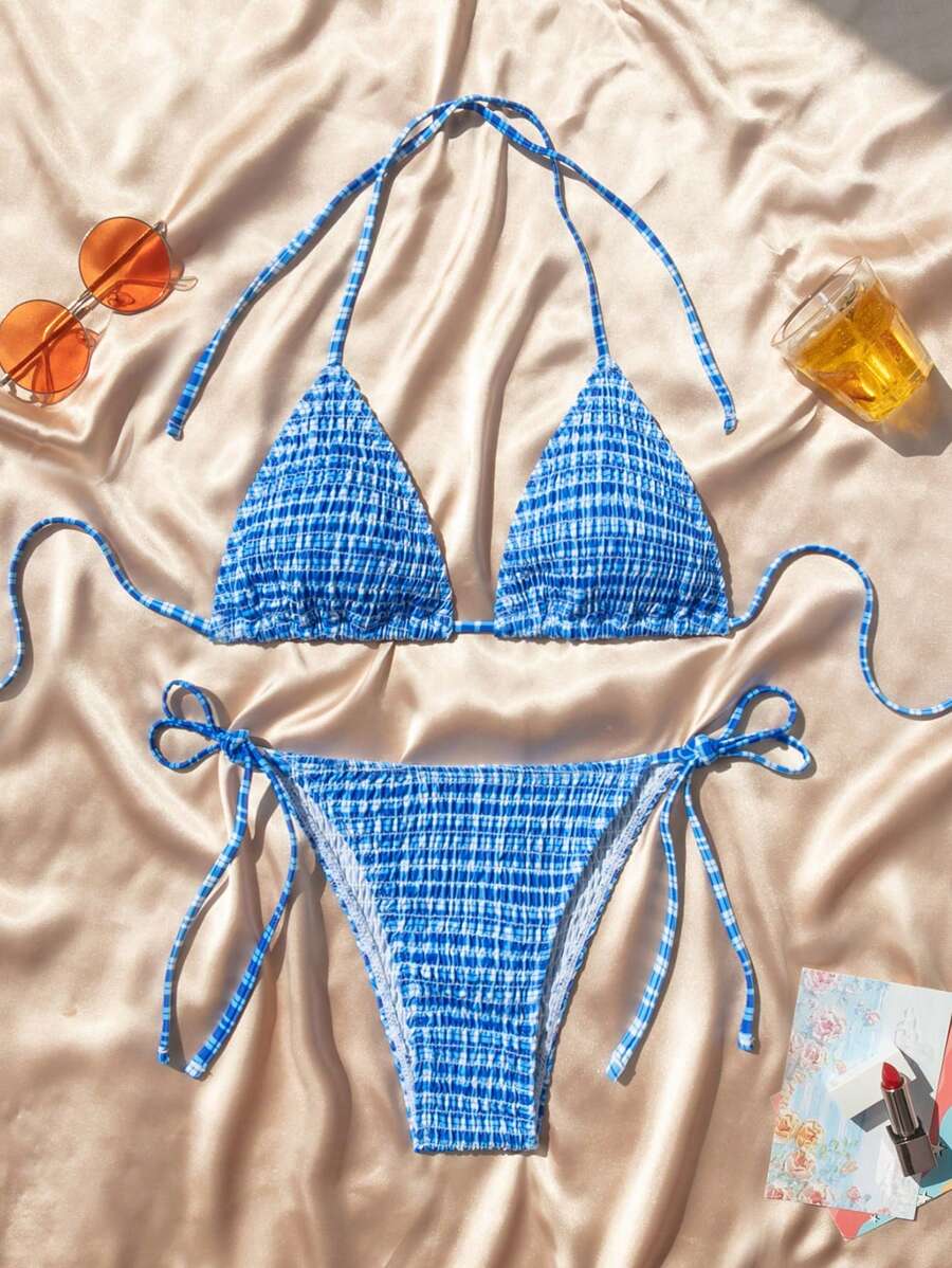 Swim Mod 女士格子圖案領口泳衣套裝,沙灘假期必備,隨機印花 - 藍色 - 查看 1