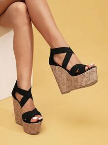 Giày sandal đế xuồng dệt kiểu retro với đế dày và thiết kế khóa cài, trang phục nghỉ xuân, giày cao gót phong cách Bohemian gợi cảm cho hộp đêm, trang phục mùa hè, phụ kiện du lịch thiết yếu. - màu đen - Xem 2