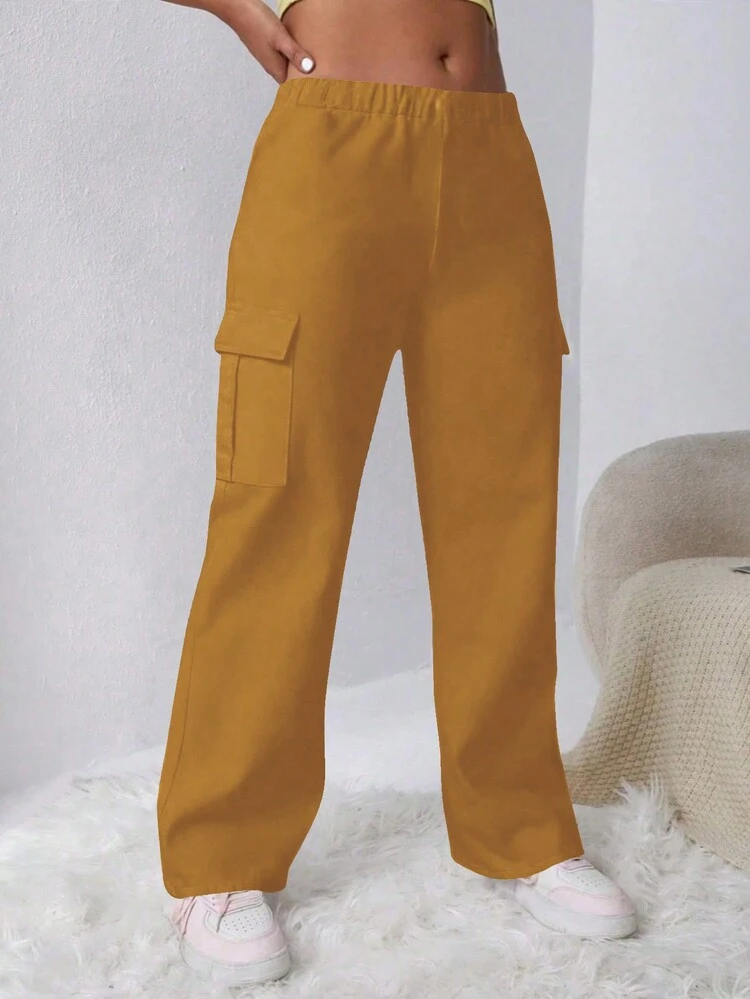 Plus Size Solid Color Elastic Waist Casual Pants With Pockets For Summer Fall Cloth For Women