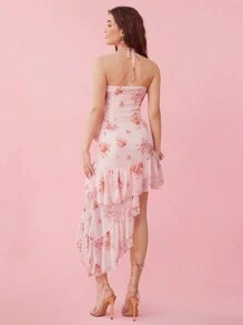 Enchnt Rosa Blumen Muster Neckholder Asymmetrischer Saum Modisches Brautkleid mit Rüschenverzierung, Strandkleid für den Sommer - Pink - Übersicht 2