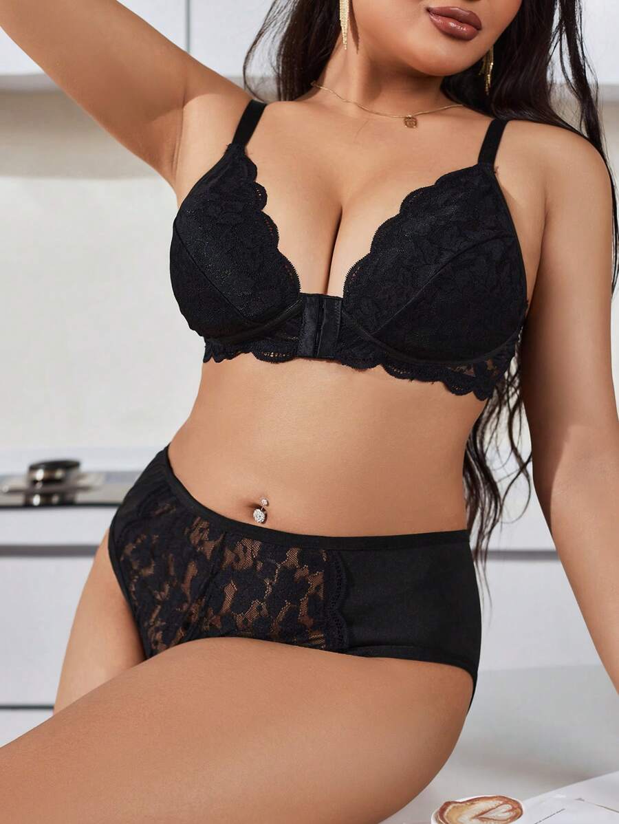 Seduluxe 2 chiếc Plus Size Ren phía trước đóng cửa Bộ đồ lót & quần lót - màu đen - Xem 1