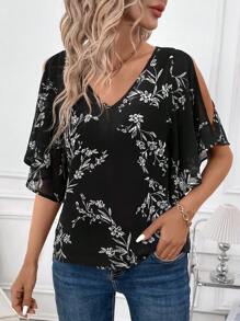 SHEIN Clasi 女性優雅透視黑白色花枝圖案雪紡離肩波浪邊袖子上衣 - 黑與白 - 查看 4