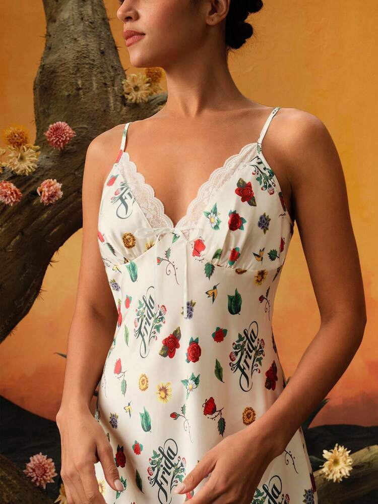 Ladies Letter And Floral Printed Contrast Lace Slip Nightdress For Summer
