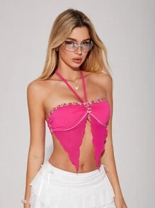 Sweetina Y2k Holiday Slim-Fit Mesh Halter Top With Embroidery And Lace Hem Decoration Summer Outfits - Pink - View 2