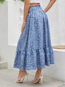 SHEIN VCAY Falda De Cintura Alta Con Tejido Entrelazado Azul Cielo De Estilo Festivo Y Patrón De Flores Blancas Con Corte Flojo - Azul - Ver 5