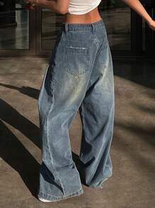 DAZY Ladies' Wide Leg Jeans With Distressed & Faded Effect,Baggy Jeans,Back To School Clothes - Baby Blue - View 2