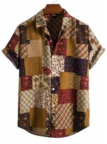 Men's Patchwork Print Short Sleeve Casual Shirt, Summer