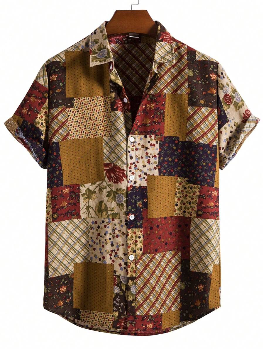 Men's Patchwork Print Short Sleeve Casual Shirt, Summer