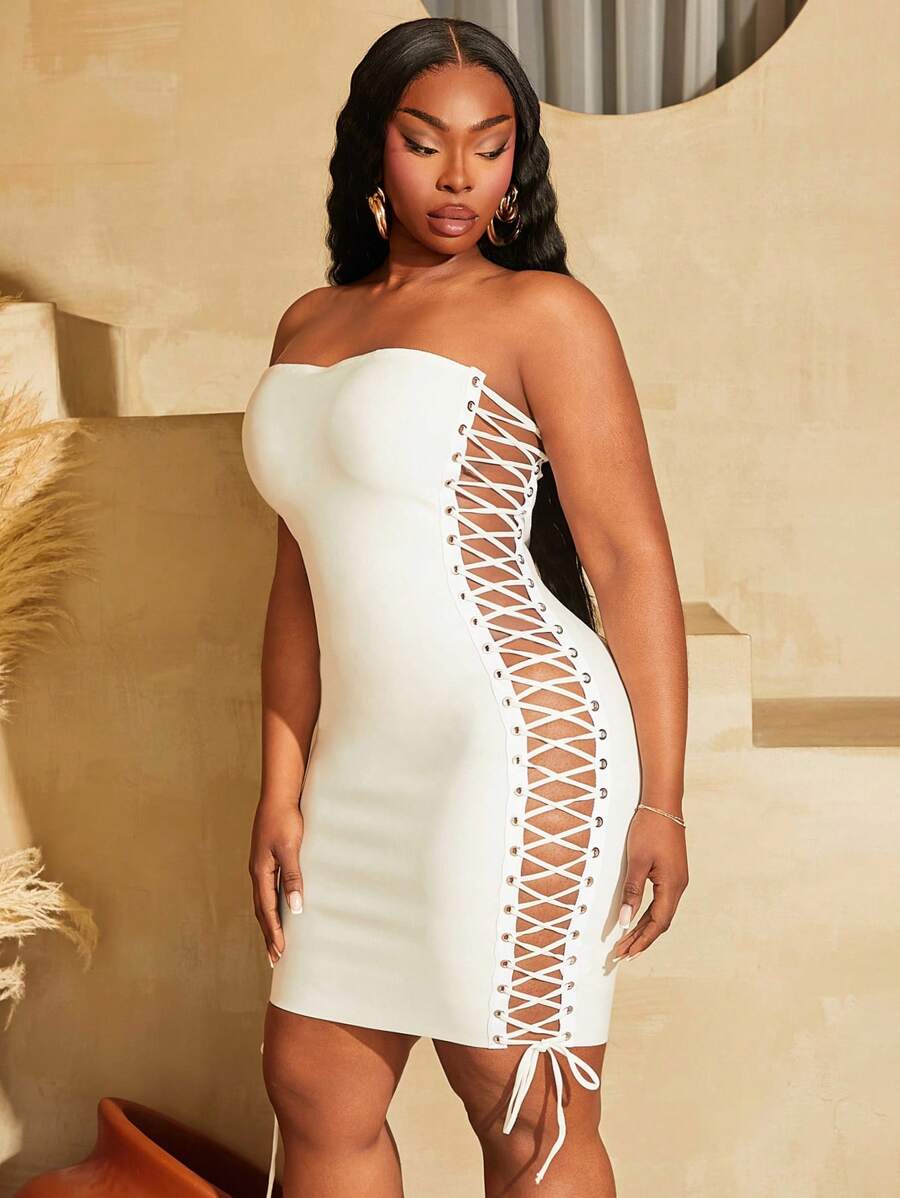 SHEIN SXY Plus Kích Thước Xuân Hè Gợi Cảm Nữ Hứa Độc Thân Cho Ngày Đêm Khoét Hở Dây Đeo Băng Mini Đầm Ống - trắng - Xem 1