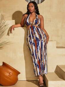 SHEIN SXY Plus Size Women's Fashionable Colorful Printed Halter Neck Dress