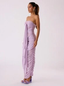 MUSERA Vestido maxi elegante de malla doble con múltiples lazos, ideal para la playa, primavera, verano, vacaciones, romántico, de los 90, para invitada de boda y ocasiones especiales