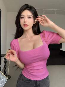 DAZY 女式方领短款泡泡袖紧身短款上衣 T 恤 夏季 - 玫紅色 - 查看 4
